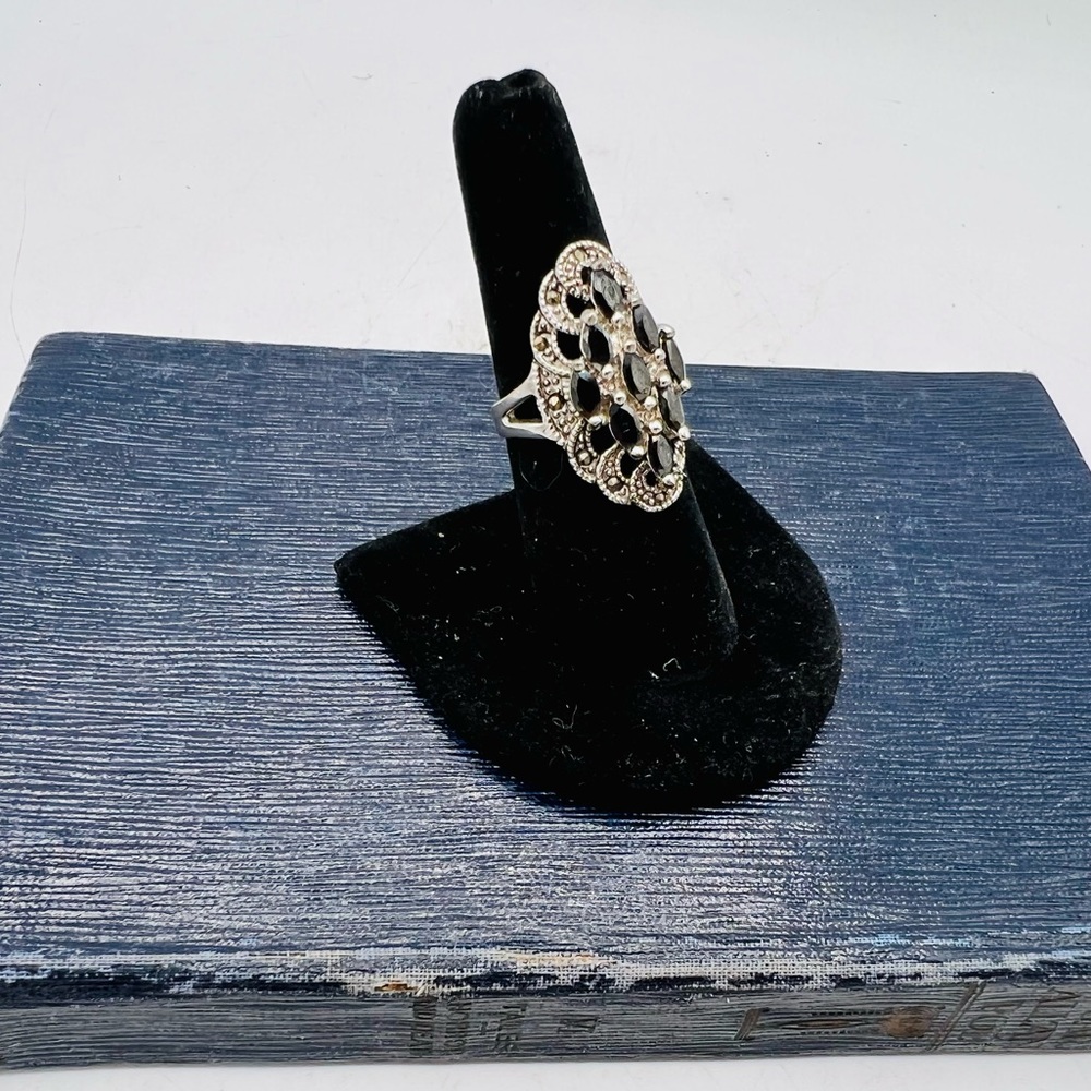Sterling silver lattice cocktail ring black navette rhinestones size 7 - Picture 12 of 15